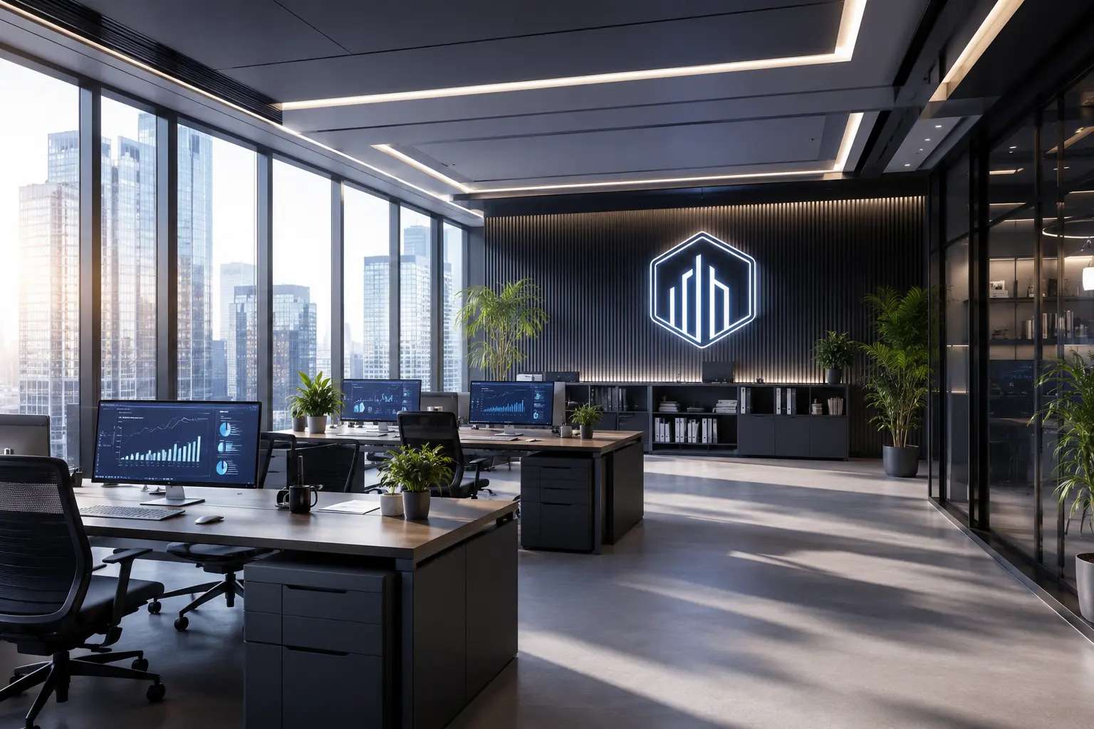 Oficina moderna de Criptoveritas 360 con pantallas de análisis blockchain y logo corporativo en España.